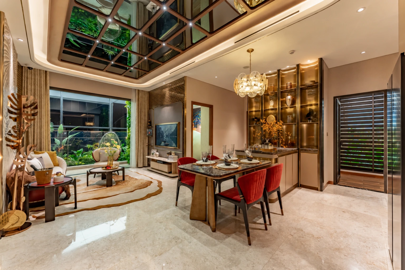 Bàn ăn và phòng khách căn hộ mẫu 2 phòng ngủ The Privé