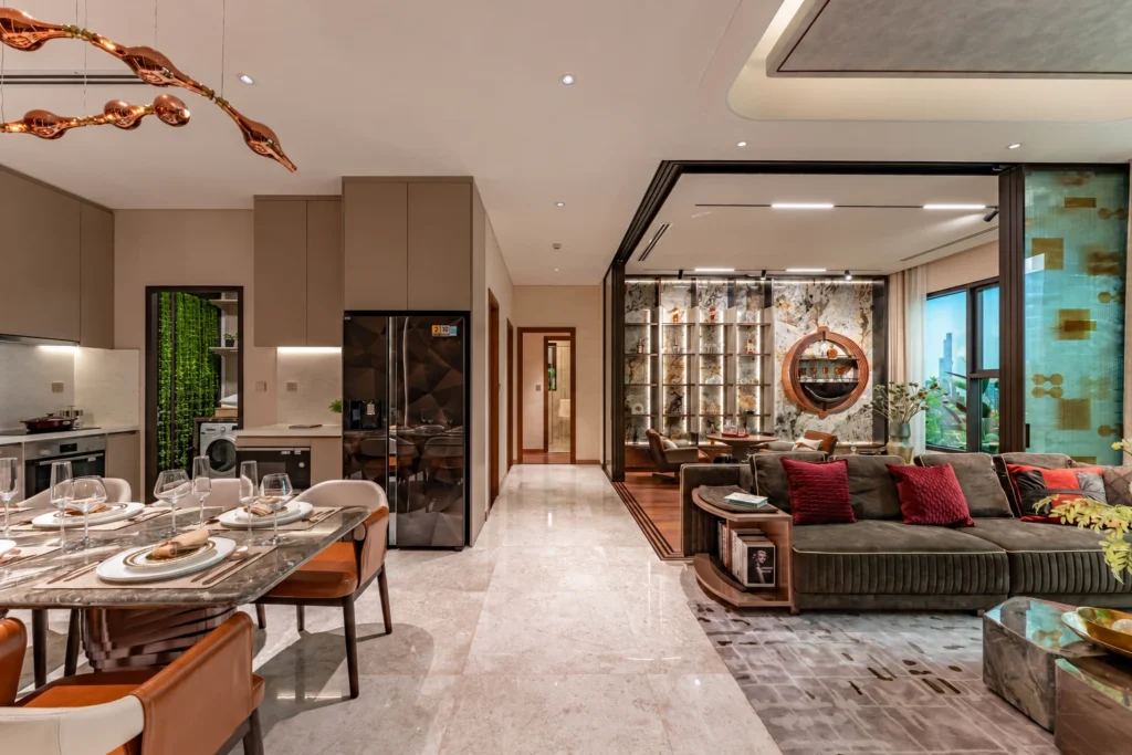 Không gian tiếp khách căn hộ mẫu 3 phòng ngủ The Privé