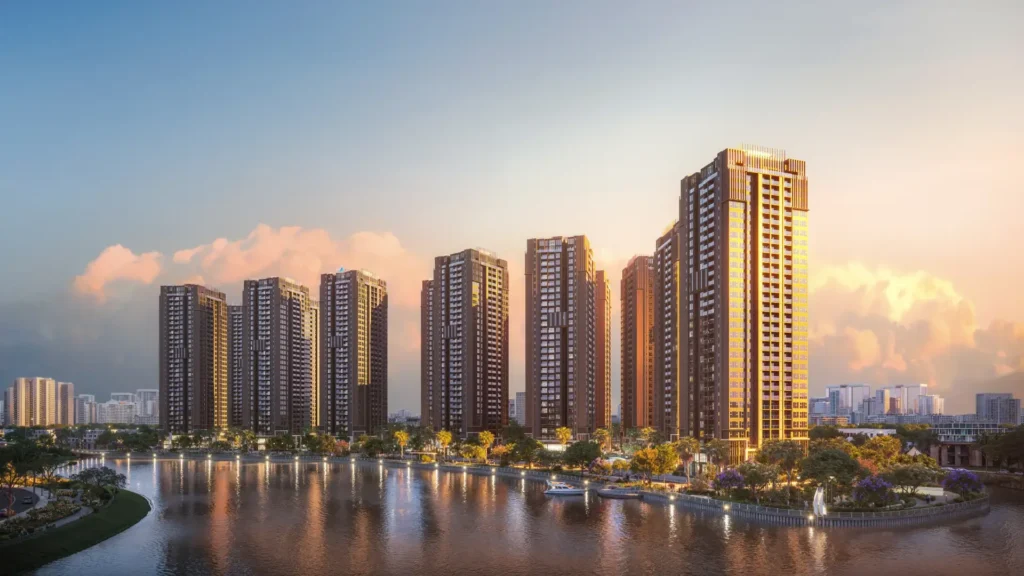 Phối cảnh các tòa tháp The Privé ven sông lúc hoàng hôn