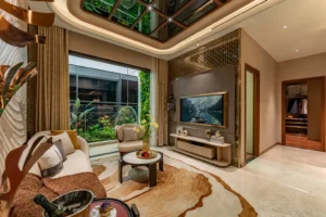 Phòng khách và ban công căn hộ mẫu 2 phòng ngủ The Privé