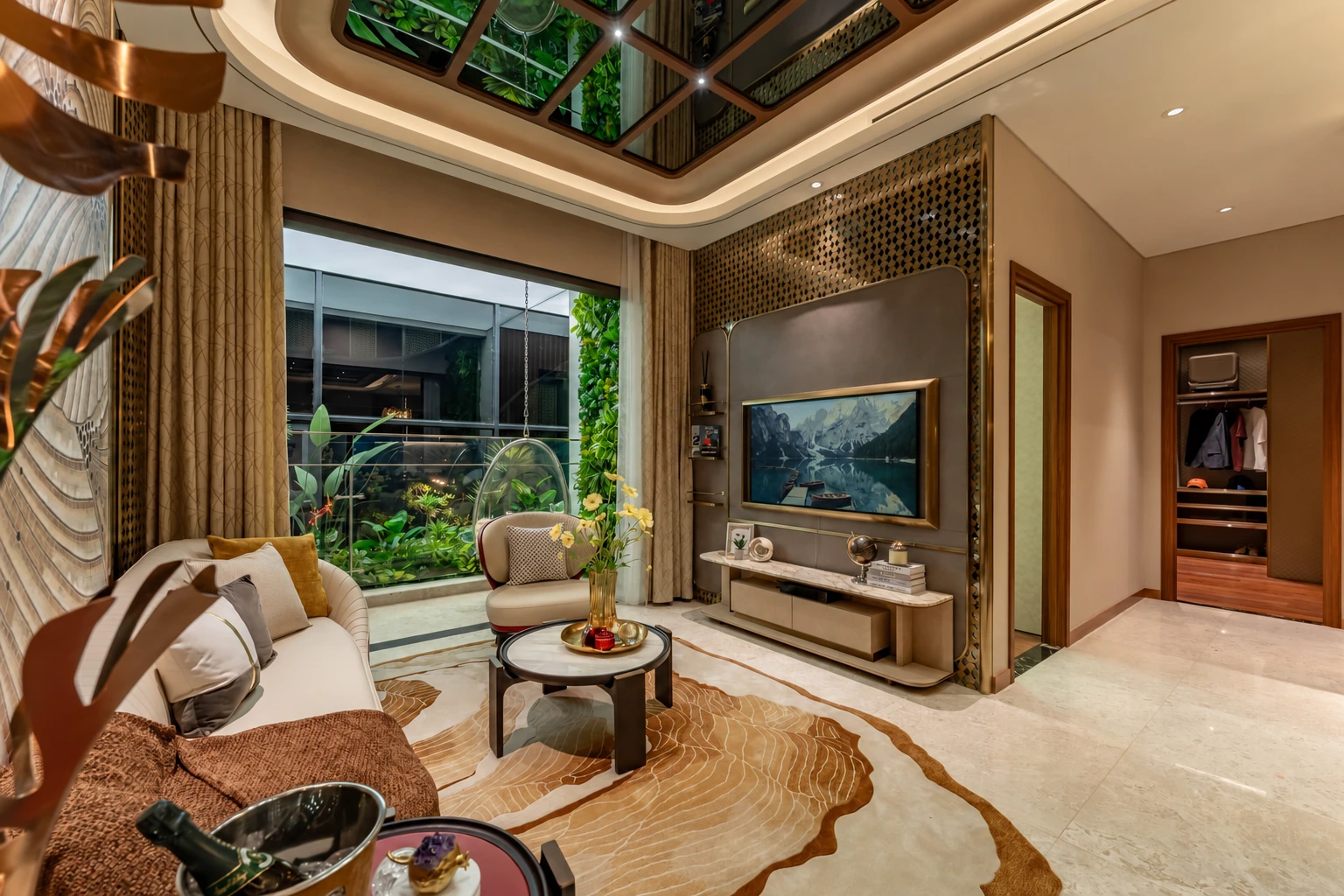 Phòng khách và ban công căn hộ mẫu 2 phòng ngủ The Privé